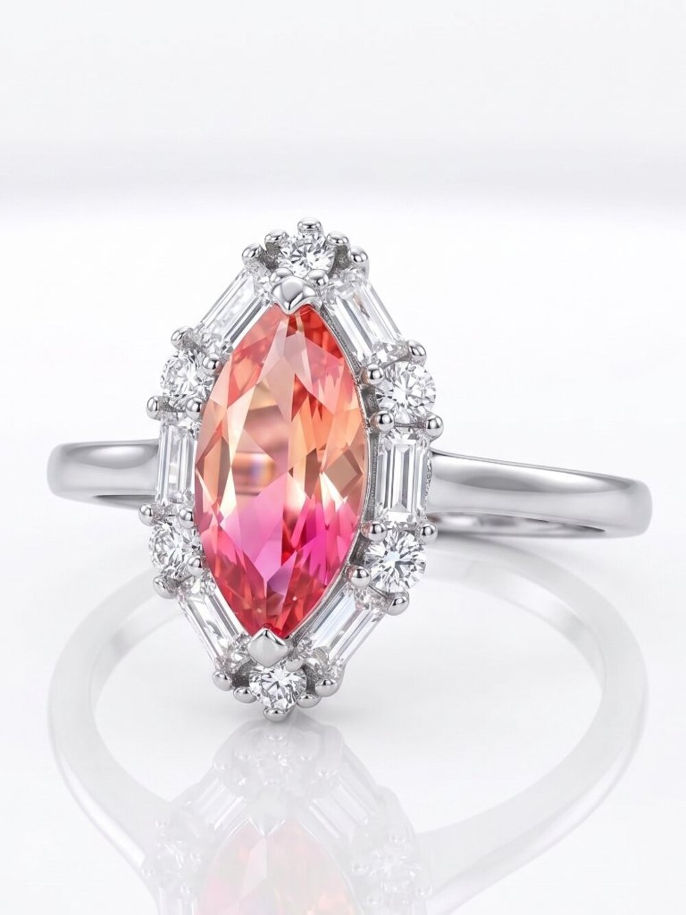 Women's 925 Sterling Silver Pink & Peach Marquis Bi-Color Tourmaline Ring
